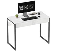 HOMCOM Bureau d'ordinateur Brillant 2 tiroirs 100x50 cm Blanc & Noir | Bureau de bureau pour petits espaces, table de travail moderne, pieds en acier