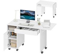 HOMCOM Bureau d'ordinateur Pliable 130 x 58 cm avec roulettes,Table Bureau avec Rangement, tiroir, Poste de Travail pour Petits espaces, Chambre, Salon, Blanc