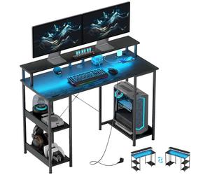 HOMCOM Bureau d'ordinateur réversible, 120x50 cm Bureau avec prises de courant et éclairage LED, table de studio avec support double pour moniteur, noir
