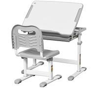 HOMCOM Bureau Enfant avec Chaise, Ensemble Bureau et Chaise pour Enfants avec réglable en Hauteur, Plateau incliné 45°, tiroir Coulissant, Emplacement pour Stylo et Crochet - en Acier Gris Blanc