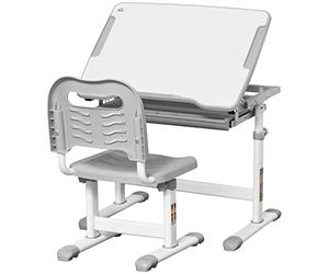 HOMCOM Bureau Enfant avec Chaise, Ensemble Bureau et Chaise pour Enfants avec réglable en Hauteur, Plateau incliné 45°, tiroir Coulissant, Emplacement pour Stylo et Crochet - en Acier Gris Blanc