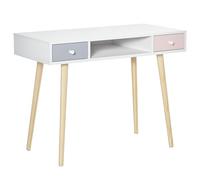 HomCom Bureau enfant style scandinave 100×48×76,5 cm MDF et pin tiroir/rangement Blanc/Gris/Rose