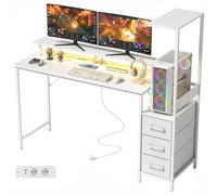 HOMCOM Bureau Gaming 147 cm, Table pour Ordinateur avec Support CPU Réglable et Réversible, Lumières RGB, Prises, Ports USB et USB-C, Support Écran et 3 Tiroirs en Tissu, Bianco