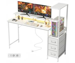 HOMCOM Bureau Gaming 147 cm, Table pour Ordinateur avec Support CPU Réglable et Réversible, Lumières RGB, Prises, Ports USB et USB-C, Support Écran et 3 Tiroirs en Tissu, Bianco