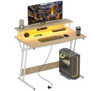 HOMCOM Bureau Gaming avec LED, Prises, 100x60cm Naturel | Bureau de gaming, table de jeu avec support d'écran, étagères et télécommande, pour bureau, étude
