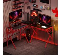 HOMCOM Bureau gaming bureau d'angle bureau gamer 125 x 125 cm en forme de L avec plateau en fibre de carbone, support d'écran porte-gobelet et crochet pour casque, rouge Description:Bureau gaming en f