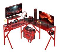 HOMCOM Bureau Gaming Bureau d'angle Bureau Gamer 125 x 125 cm en Forme de L avec Plateau en Fibre de Carbone, Support d'écran Porte-gobelet et Crochet pour Casque, Rouge