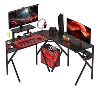 HOMCOM Bureau Gaming Bureau d'angle Bureau Gamer 125 x 125 cm en Forme de L avec Plateau en Fibre de Carbone, Support d'écran Porte-gobelet et Crochet pour Casque, Noir