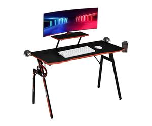 HOMCOM Bureau Gaming Bureau Gamer Bureau Informatique Bracket Casque Enceintes Porte-gobelet Grand Plateau MDF Texture Carbone + étagère écran châssis Acier Rouge Noir