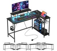 HOMCOM Bureau Gaming d’Angle en L réversible 132,5 cm avec LED, Prises et Ports USB, étagères, Support écran, Noir