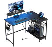 HOMCOM Bureau Gaming d'Angle avec LED, Prises Électriques, Support Écran et Étagère, Noir