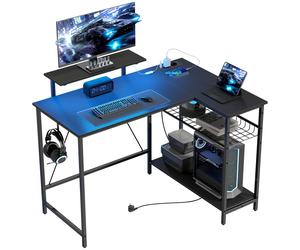 HOMCOM Bureau Gaming d'Angle avec LED, Prises Électriques, Support Écran et Étagère, Noir