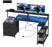 HOMCOM Bureau gaming en L avec LED et prises, avec support double écran, 165x80x91,5 cm, aspect bois noir