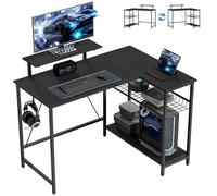 HOMCOM Bureau Gaming réversible 114,5 x 82 cm, Bureau Gaming d'angle avec Support pour écran et étagère en Maille réglable, Table d'ordinateur pour étudier, Jouer et Travailler, Fibre de Carbone Noir