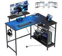 HOMCOM Bureau Gaming réversible en L avec LED, 114,5 x 82 cm Bureau d'angle avec Prises électriques, Support pour écran et étagères réglables en Filet, Poste de Jeu pour la Maison, Le Bureau ou Le