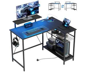 HOMCOM Bureau Gaming réversible en L avec LED, 114,5 x 82 cm Bureau d'angle avec Prises électriques, Support pour écran et étagères réglables en Filet, Poste de Jeu pour la Maison, Le Bureau ou Le