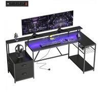 HOMCOM Bureau gaming réversible en L avec LED, 192,5 cm Bureau d'angle avec prises électriques, support pour écran et unité centrale, 2 tiroirs en tissu pour documents A4/légaux, pour la maison, le