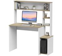 HOMCOM Bureau Informatique, 114x45x138cm, Bureau avec Rangement, Étagères Ouvertes, Large Plateau et Support UC, Table d'Ordinateur Moderne pour Chambre, Domicile, Petit Espace, Blanc et Bois Naturel