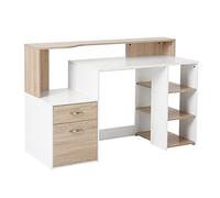HOMCOM Bureau Informatique avec 2 tiroirs, Bureau avec Rangement, 137 x 55 x 92 cm, étagères Ouvertes et Tablette d'imprimante, Style Moderne, Table d'ordinateur pour Chambre, Studio, chêne