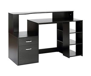 HOMCOM Bureau Informatique avec 2 tiroirs, Bureau avec Rangement, 137 x 55 x 92 cm, étagères Ouvertes et Tablette d'imprimante, Style Moderne, Table d'ordinateur pour Chambre, Studio, Noir