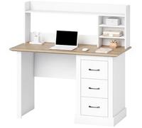 HOMCOM Bureau Informatique avec 3 Tiroirs, 110x50cm, Chêne et Blanc | Bureau avec Rangement, Étagères Ouvertes et Large Plateau, Table Informatique pour Salon, Domicile, Petit Espace
