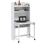 HOMCOM Bureau Informatique avec étagères de Rangement Bureau d'ordinateur avec Plateau Rabattable et 2 roulettes pour Chambre Salon et Maison 80 x 69 x 155 cm Blanc