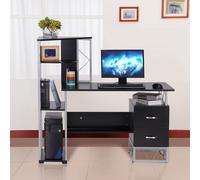 Homcom Bureau Informatique Design Industriel Multi-Rangements Bibliothèque 3 Etagères + 2 Tiroirs MDF Métal 133 x 155 x 123 cm Noir