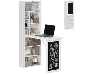 HOMCOM Bureau Informatique Pliable, Bureau avec bibliothèque, Poste de Travail, Tableau Noir, 9 Compartiments Ouverts et étagère réglable, Table d'ordinateur pour Chambre, 98x51x153cm, Blanc