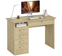 HOMCOM Bureau Informatique Table d'ordinateur avec Grand Plateau, 5 tiroirs, 1 Compartiment Ouvert, tiroir verrouillable, Moderne 110 x 50 x 76 cm, chêne