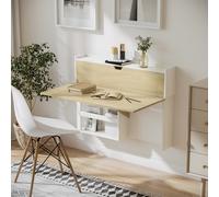 HOMCOM Bureau pliable mural avec étagères de rangement et placard, bureau rabattable, 100 x 18 x 74 cm effet bois naturel