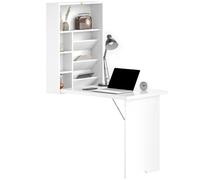 HOMCOM Bureau Pliable Mural avec Étagères de Rangement Petit Espace Blanc | Bureau Rabattable, Table Murale Pliante, Gain de Place, pour Salon, Salle à Manger