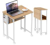 HOMCOM Bureau pliable Petit bureau pliant de 63 cm avec roulettes Gain de place Table d'ordinateur avec étagère, sac de rangement, nature