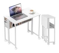 HOMCOM Bureau Pliable sur roulettes, Table d'ordinateur 80 x 50 cm avec étagère et Sac de Rangement, Table d'étude pour Bureau à Domicile, Chambre, Petits espaces, Blanc