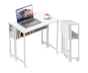 HOMCOM Bureau Pliable sur roulettes, Table d'ordinateur 80 x 50 cm avec étagère et Sac de Rangement, Table d'étude pour Bureau à Domicile, Chambre, Petits espaces, Blanc