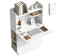 HOMCOM Bureau Pliant, Bureau Informatique avec Plateau Rabattable, Étagères de Rangement et Placard, Style Moderne, 80 x 30 x 128 cm, Blanc
