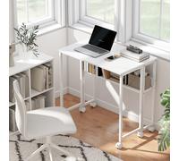 HOMCOM Bureau Pliant Gain de Place à Rabat avec Étagère, Pochette de Rangement et Roues, Blanc
