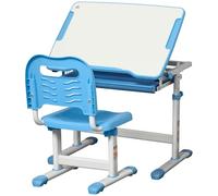 HOMCOM Bureau pour Enfants 2 en 1 Ensemble Bureau et Chaise pour Enfants +6 Ans avec Table réglable en Hauteur et en Angle et Plateau Coulissant 66x47x77 cm Bleu
