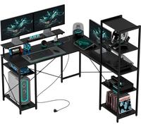HOMCOM Bureau, table d'ordinateur en L 137 x 140 x 139,5 cm Bureau d'angle avec 6 étagères, table de bureau avec support d'écran, USB, prise électrique, pour bureau à domicile, bureau, noir