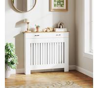 HOMCOM Cache-radiateur à Lamelles Anti-basculement avec Tiroir de Rangement, en Bois, 112x19x97 cm, Blanc