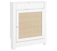 HOMCOM Cache-Radiateur avec Placard Rabattable et Porte en Rotin, Couvercle de Radiateur en Bois avec Compartiment, Style Bohème, pour Salon ou Chambre, 78 x 19 x 95,5 cm, Blanc