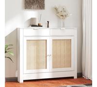 HOMCOM Cache-radiateur avec Porte battante et rotin 111x19x95,5 cm Blanc | Cache-radiateur MDF avec compartiment, design bohémien, pour salon, chambre