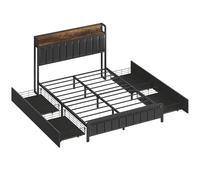 HOMCOM Cadre de lit 140 x 190 cm avec sommier à lattes en métal, lit double rembourré avec 4 tiroirs et étagère, noir