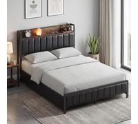 HOMCOM Cadre de lit 140 x 190 cm avec sommier à Lattes en métal, lit Double rembourré en Cuir synthétique avec tête de lit, Pied de lit, étagère et 4 tiroirs, sans Bruit, Style Industriel, Noir