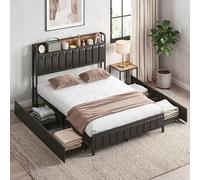 HOMCOM Cadre de lit 140 x 190 cm avec sommier à Lattes en métal, lit Double rembourré en Cuir synthétique avec tête de lit, Pied de lit, 4 tiroirs et étagère, sans Bruit, Style Industriel, Noir