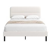 HOMCOM Cadre de lit 140 x 200 cm avec tête de lit réglable, revêtement Aspect Lin, 12 Lattes, sans sommier supplémentaire, Montage Facile, Beige