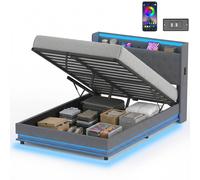 HOMCOM Cadre de lit 140 x 200 cm avec tête et pied de lit, lit plateforme avec rangement hydraulique, lumières LED