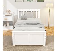 HOMCOM Cadre de Lit 90x190cm en Bois Massif, Lit Coffre avec 2 Tiroirs sur roulettes, Tête de Lit, Pied de Lit, Sommier à Lattes, sans Bruit, Blanc