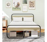 HOMCOM Cadre de lit Double 140 x 190 cm lit 2 Personnes Style Industriel avec Rangement, sommier, tête et Pied - Montage Facile, en Bois et Acier, Aspect Bois