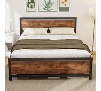 Cadre de lit double - HOMCOM - avec sommier et tête de lit - compatible matelas 200 x 160 cm - en acier - aspect bois foncé