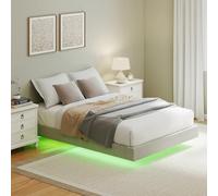 HOMCOM Cadre de lit Flottant 140 x 190 cm avec éclairage LED, lit Double rembourré en Lin, sommier à Lattes en Bois, Espace de Rangement et télécommande, sans Bruit, Montage Facile, Beige